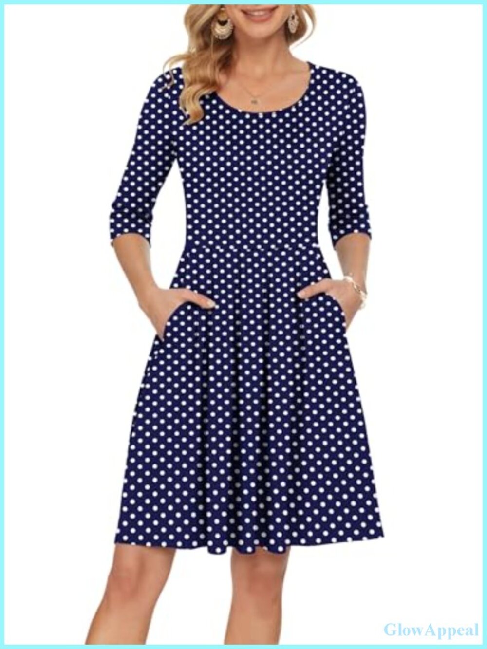 Women's 3/4 Sleeve Pleated Dress Knee Length with Pockets